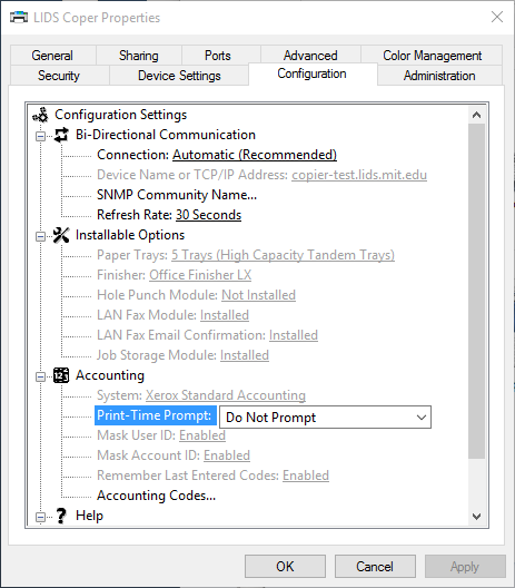 picture of printer configuration window